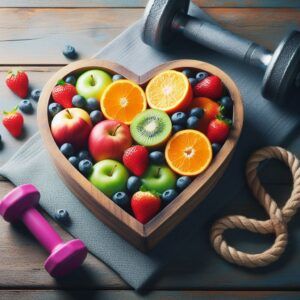 wooden heart-shaped bowl with fruit, hand weights on each side, with rope in an infinity symbol