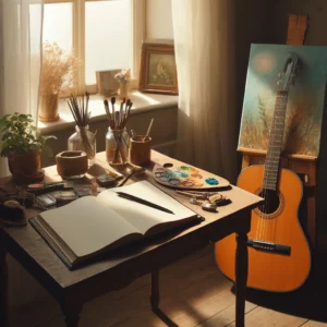 journal on a table surrounded by art supplies and a guitar