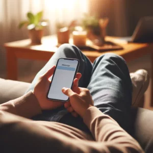 a person sitting at home using cellphone to message therapist