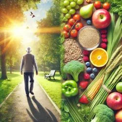 split image of a person walking and fruits, veggies, and grains