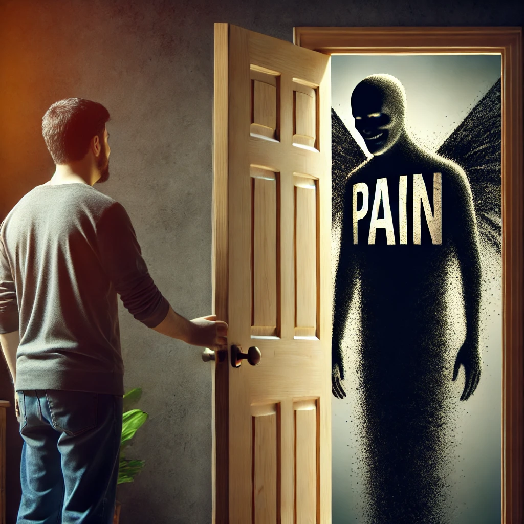 person opening a door to an uninvited guest that represents pain