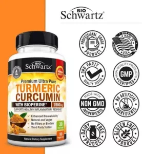 An image of a bottle of BioSchwartz Turmeric Curcumin with a liist of information regarding the product.