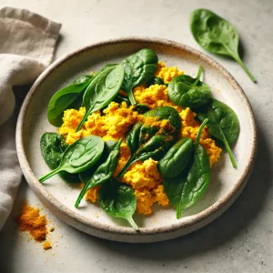 An image of a plate of turmeric scrambled eggs with fresh spinach.