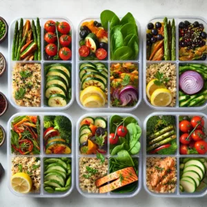 An image of a set of meal prep containers filled with healthy anti-inflammatory foods like quinoa-roasted vegetables leafy greens and grilled salmon.