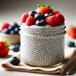 An image of a visually appealing chia seed pudding topped with fresh berries.