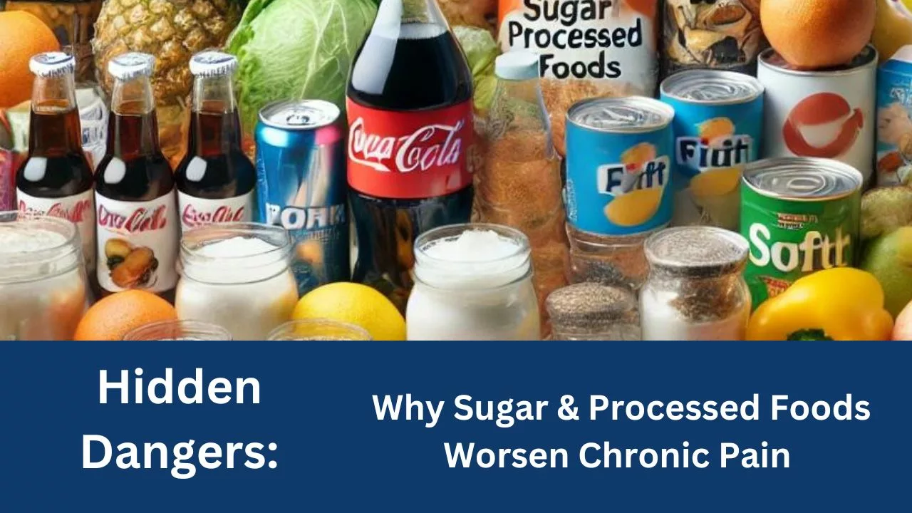 Featured image showing sugary and processed foods and the article title "Hidden Dangers: Why Sugar and Processed Foods Worsen Your Chronic Pain".