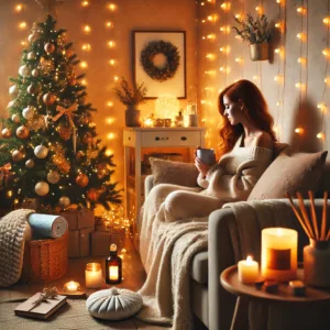 An image of a warm and inviting holiday scene that balances festive cheer with a sense of calm and self care.  