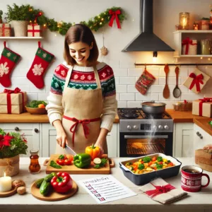 An image of a cozy holiday kitchen scene with a cheerful individual preparing food.