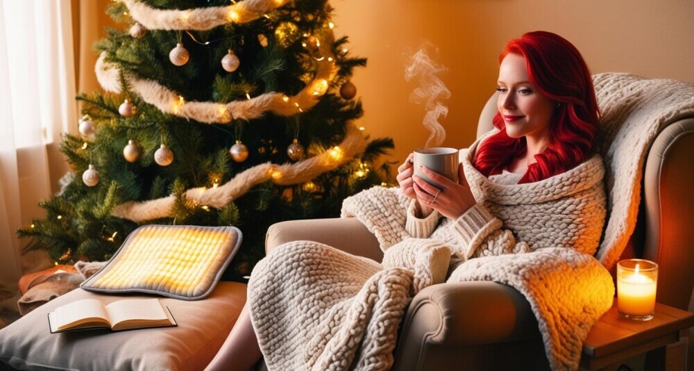 An image of a woman drinking a hot drink with journal open. Decorated Christmas tree, cozy chair and blanket, lit candle and heating pad are also shown in image.