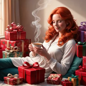 An image of a woman with red hair enjoying a moment of rest with a cup of tea while wrapping gifts.