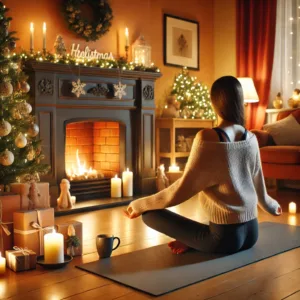 A cozy holiday themed living room featuring  a person sitting on a yoga mat practicing deep breathing.