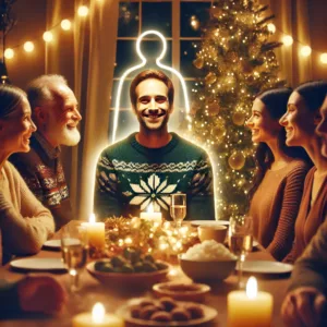 A lively holiday gathering featuring a group of people smiling and chatting around a festive table.  One individual is depicted as being mindful in the moment.