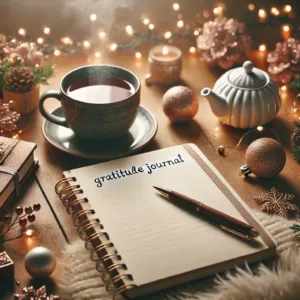 A cozy desk setup with a gratitude journal open to a blank page, a pen resting on it, and a steaming cup of tea nearby.