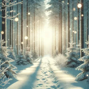 A serene winter landscape featuring soft sunlight filtering through tall snowy trees with a peaceful path leading forward.