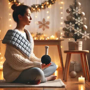 A serene indoor holiday scene featuring a person sitting comfortably in a chair with a heating pad draped over their shoulders holding a small massage ball.