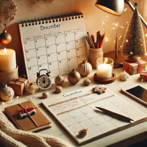 A cozy holiday themed workspace with a calendar to do list and festive decorations like string lights and miniature ornaments. The setup exudes calm.