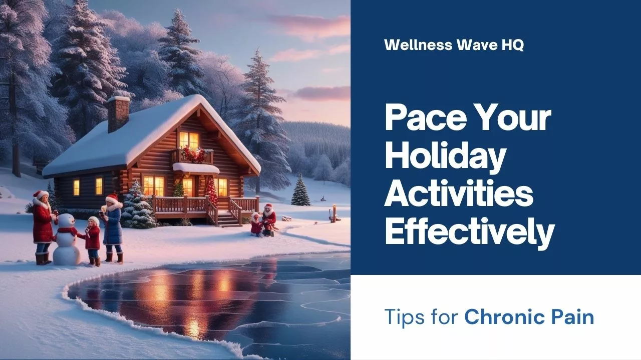 This is the featured image for the article "How to Pace Holiday Activities-A Guide for Chronic Pain and Illness Sufferers". Split screen shows holiday scene with a family building a snowman beside a pond on left and the title of the article on the right.