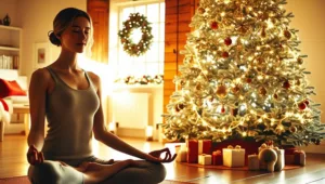 A woman meditating by a Christmas tree.