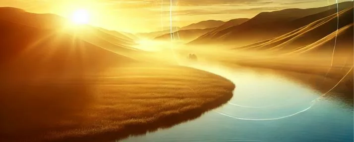 An inspiring sunrise over a serene landscape, symbolizing a fresh start and new opportunities, with soft golden light illuminating the scene.