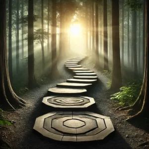 A symbolic journey image showing a winding forest path with steps representing different life stages. The path is  surrounded by tall trees with sunlight through the trees.