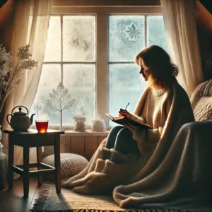 The image shows a serene scene featuring a person sitting on a cozy armchair by a frosty window wrapped in a soft blanket journaling in a notebook with a faint smile.