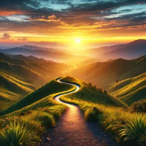 A winding mountain path leading toward a glowing horizon, symbolizing progress, hope, and embracing the journey ahead.