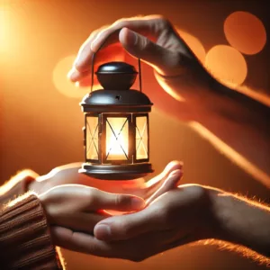 A close up image of two hands gently holding a glowing lantern symbolizing guidance, community, and lighting the way for others.