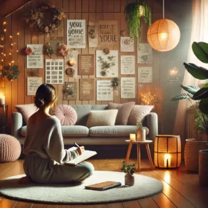 This image shows a person seated cross-legged on the floor with a serene atmosphere, surrounded by soft decor and plants, holding a notebook and pen, as they reflect and journal their intentions for the year ahead, with a subtle hint of a vision board in the background for context.