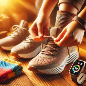 The image shows a warm scene showing a pair of hands tying ergonomic walking shoes, with a fitness tracker and compression socks in the background, radiating positivity and readiness.