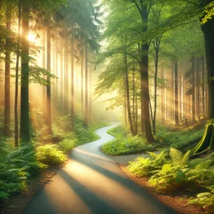 Image is A scenic winding forest path bathed in soft morning light, symbolizing progress, resilience, and the journey ahead.