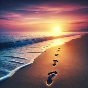 The image shows a calm beach sunset with footprints leading toward the water, symbolizing hope and forward movement.