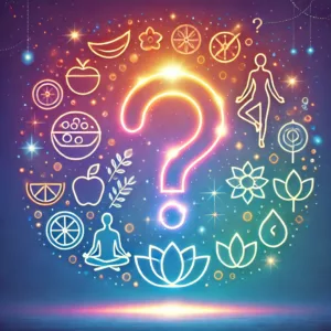 The image shows a creative illustration of a question mark surrounded by icons representing wellness elements: healthy food, a yoga pose, a meditation symbol, all glowing softly to convey guidance and clarity.