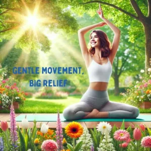 The image shows a cheerful image of a woman practicing yoga outdoors on a sunny day, surrounded by green trees and flowers, with a text overlay of "Gentle Movement, Big Relief."