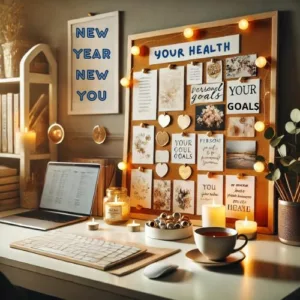 This image shows a desk with a vision board with different quotes and inspiration for a New Year New You.