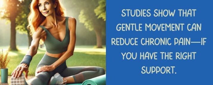 The image shows a woman outside in workout clothes sitting and stretching. It also states, 