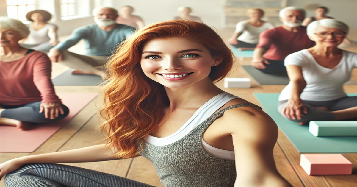 An image of a yoga instructor sitting in front of class. 