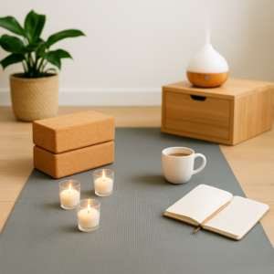 A clean bright image of a cozy yoga setup at home with a mat, blocks, candles, diffuser, a journel and tea nearby.