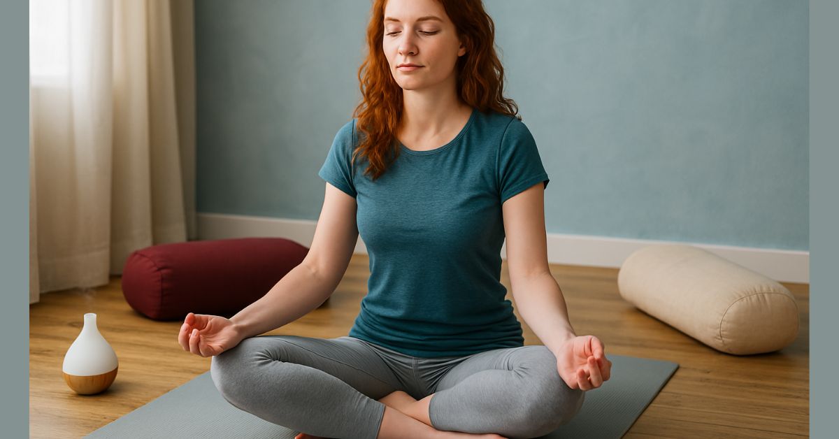 A softly lit scene of a red-haired woman sitting in an Easy Pose  looking relaxed and focused with soft accessories around 