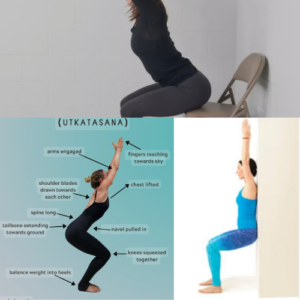 An image split in three ways to show three version of the chair pose.