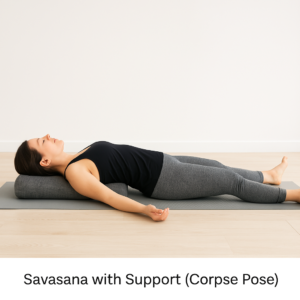 A woman in the completely relaxed and meditative pose called the Corpse Pose.