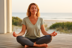 A woman sitting cross-legged, meditating or smiling peacefully post-yoga with soft natural lighting—like on a porch on a beach. The scene is peaceful and empowering.