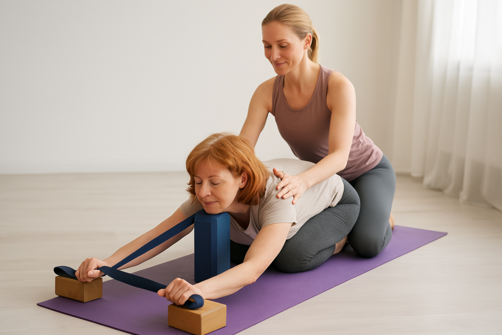 A calm, welcoming photo of a yoga therapist gently helping a middle-aged woman into a modified pose using props (like a block or strap). 
